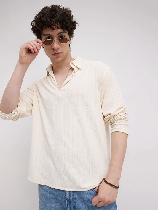 Ivory Linework Airknit Oversized Polo Shirt