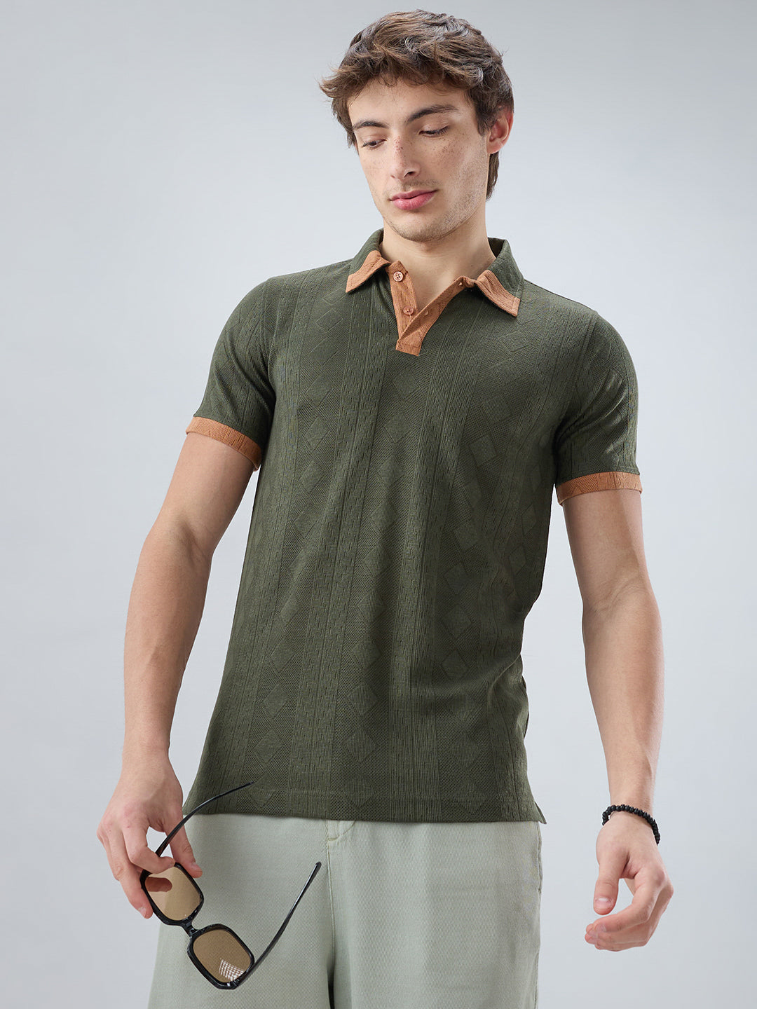 Olive Contrast Polo Neck Knit T-shirt