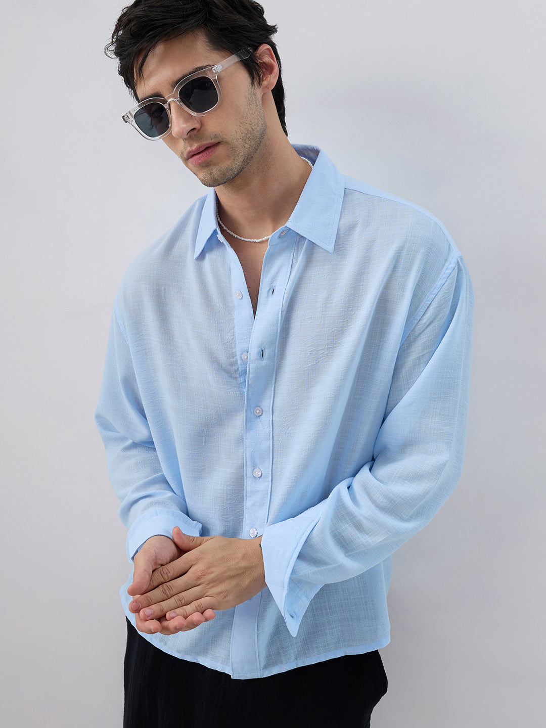 Baby Blue Slub Textured Boxy Fit Crop Shirt