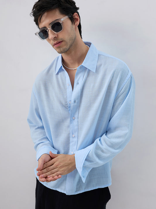 Baby Blue Slub Textured Boxy Fit Crop Shirt