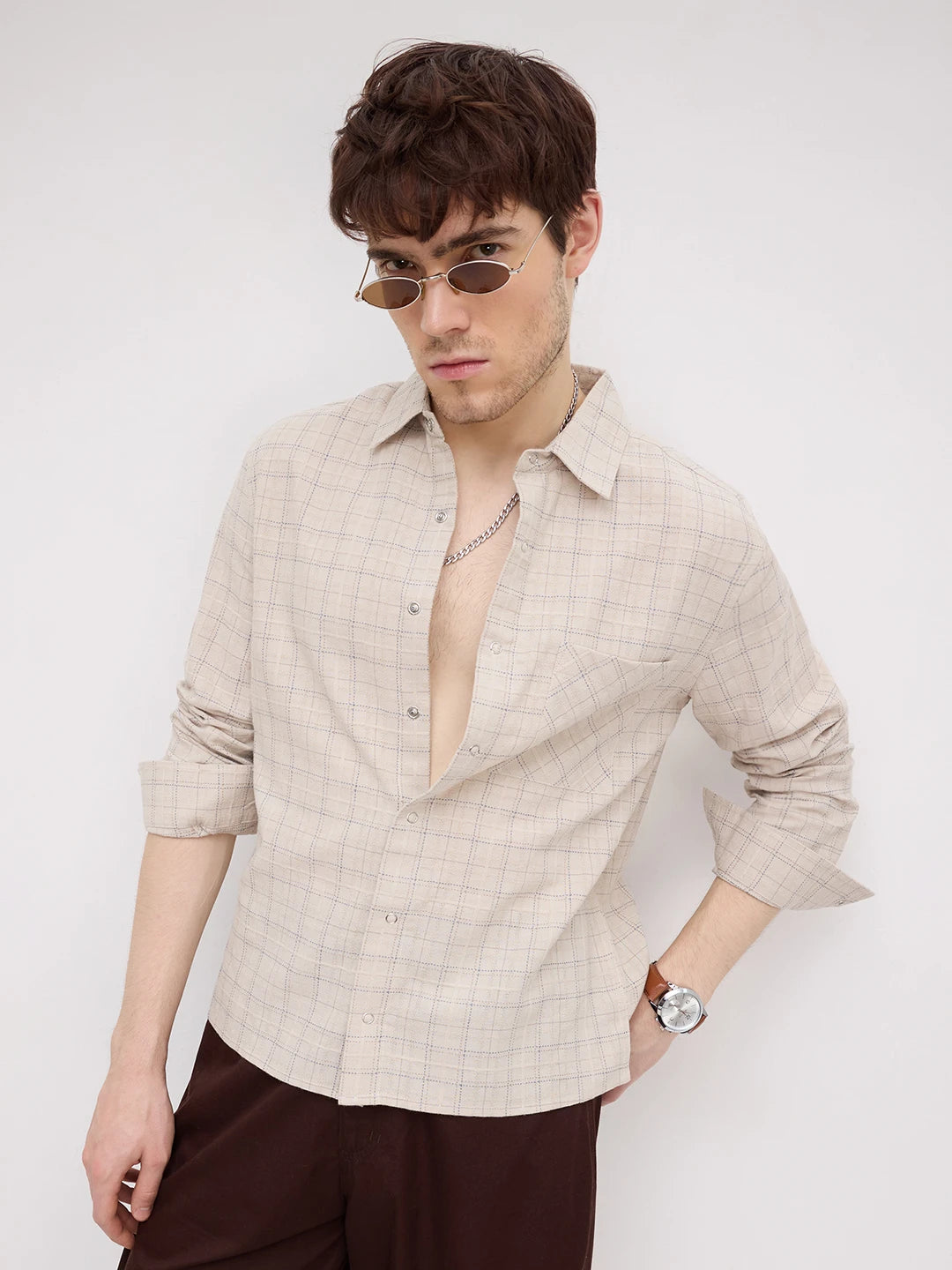 Beige & Blue Loomscape Checks Straight Hem Oversized Shirt