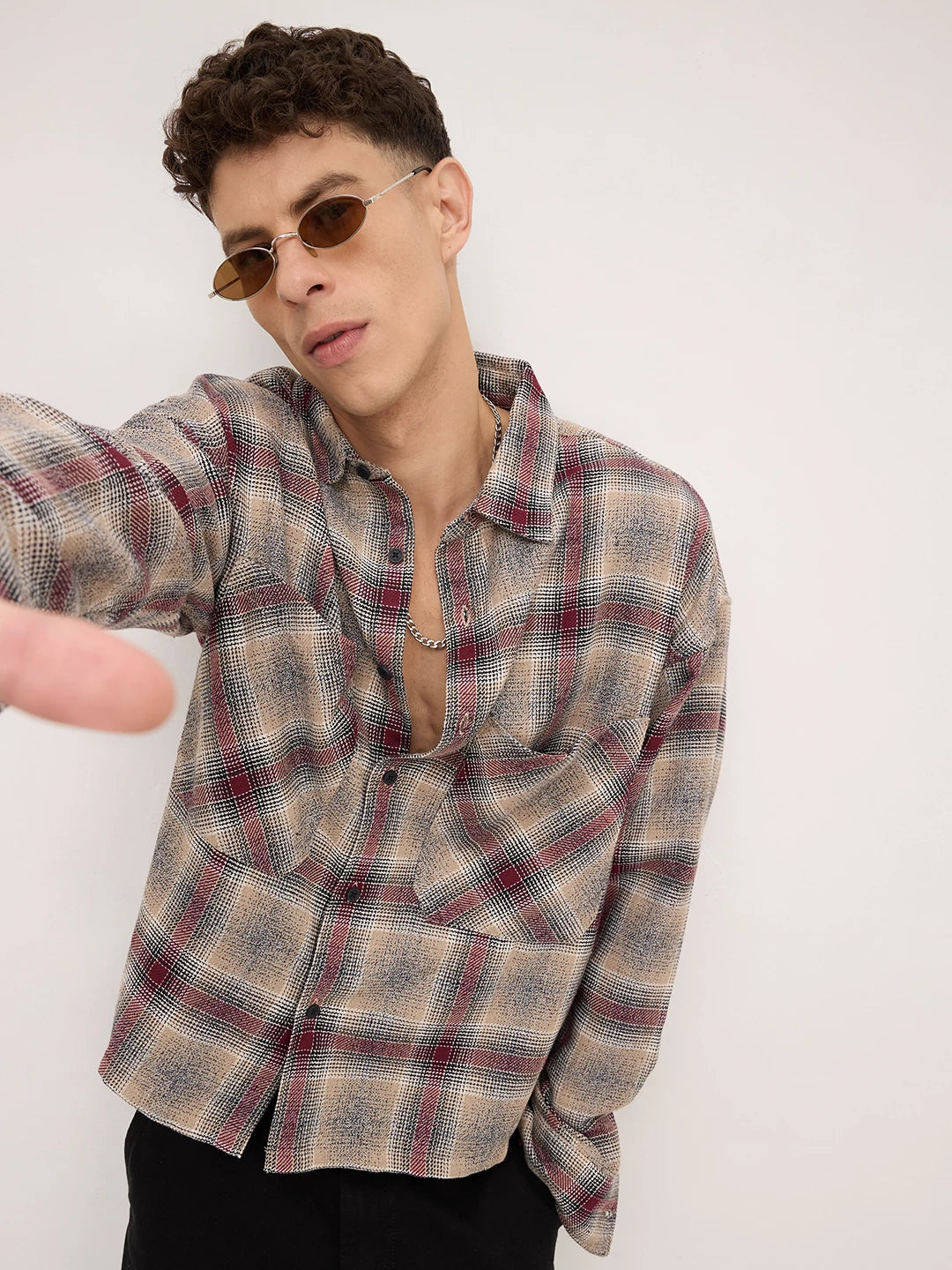 Maroon & Beige Twill Checks Boxy Fit Twin Pocket Crop Shirt