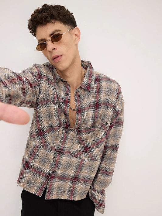 Maroon & Beige Twill Checks Boxy Fit Twin Pocket Crop Shirt
