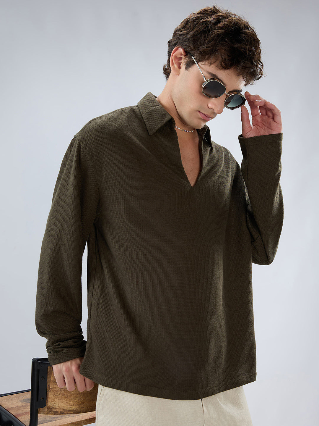 Mignonette Green Micro Weave Knitted Oversized Polo Shirt