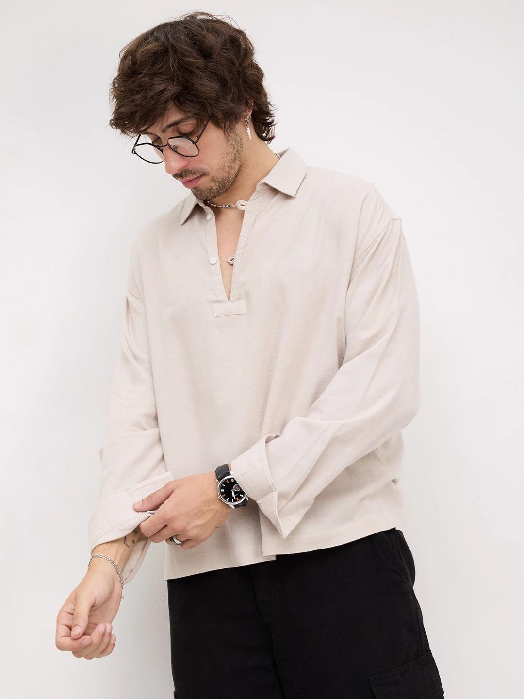 Iconic Beige Loop Button Oversized Shirt