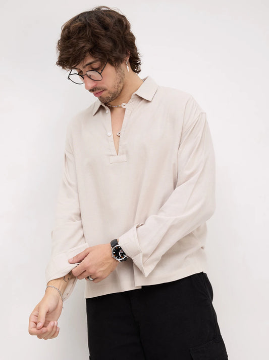 Iconic Beige Loop Button Oversized Shirt