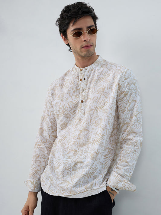 Classic Beige Leaf Printed Kurta