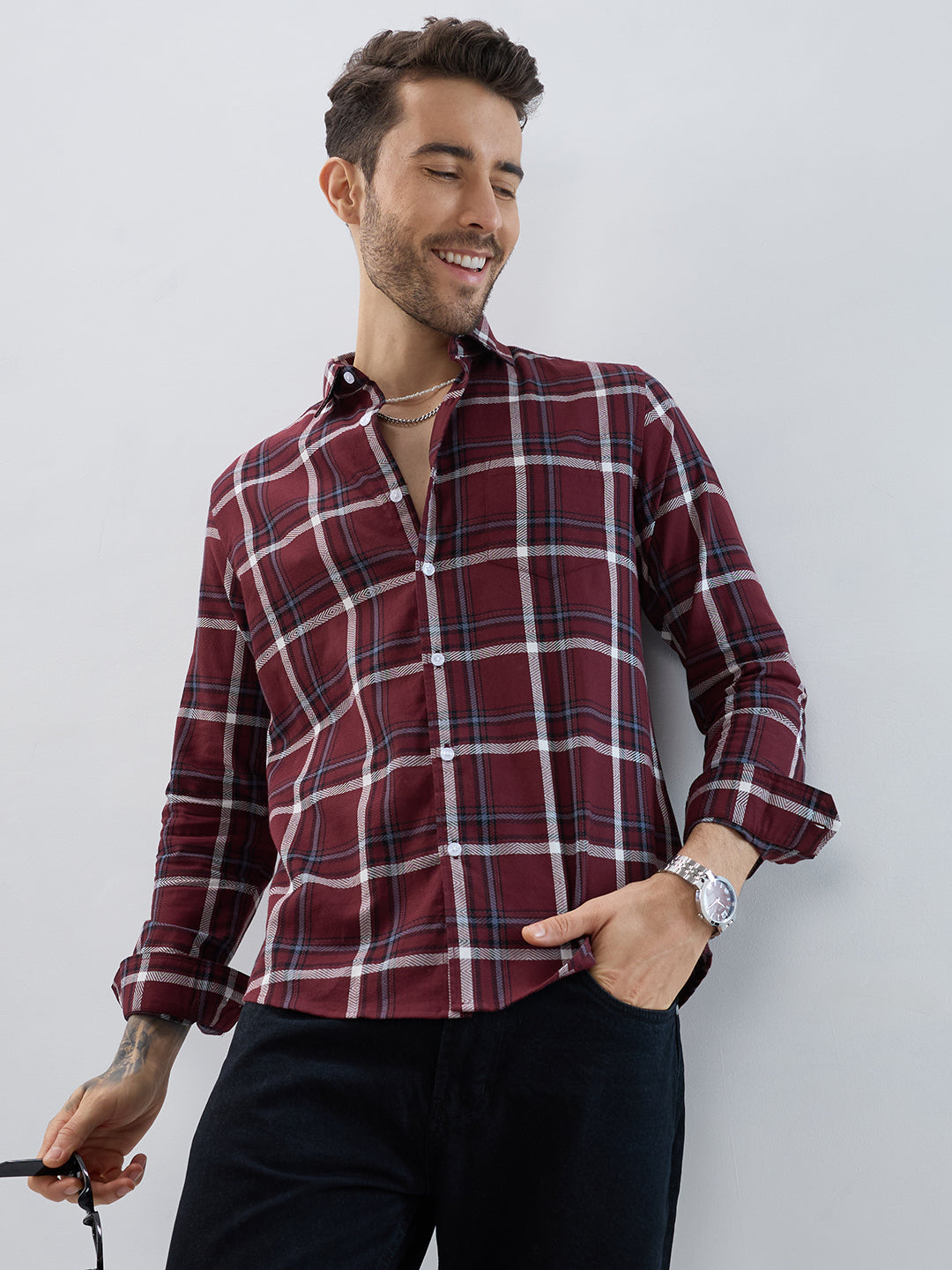 Premium Cotton Maroon Herringbone Tartan Checked Shirt