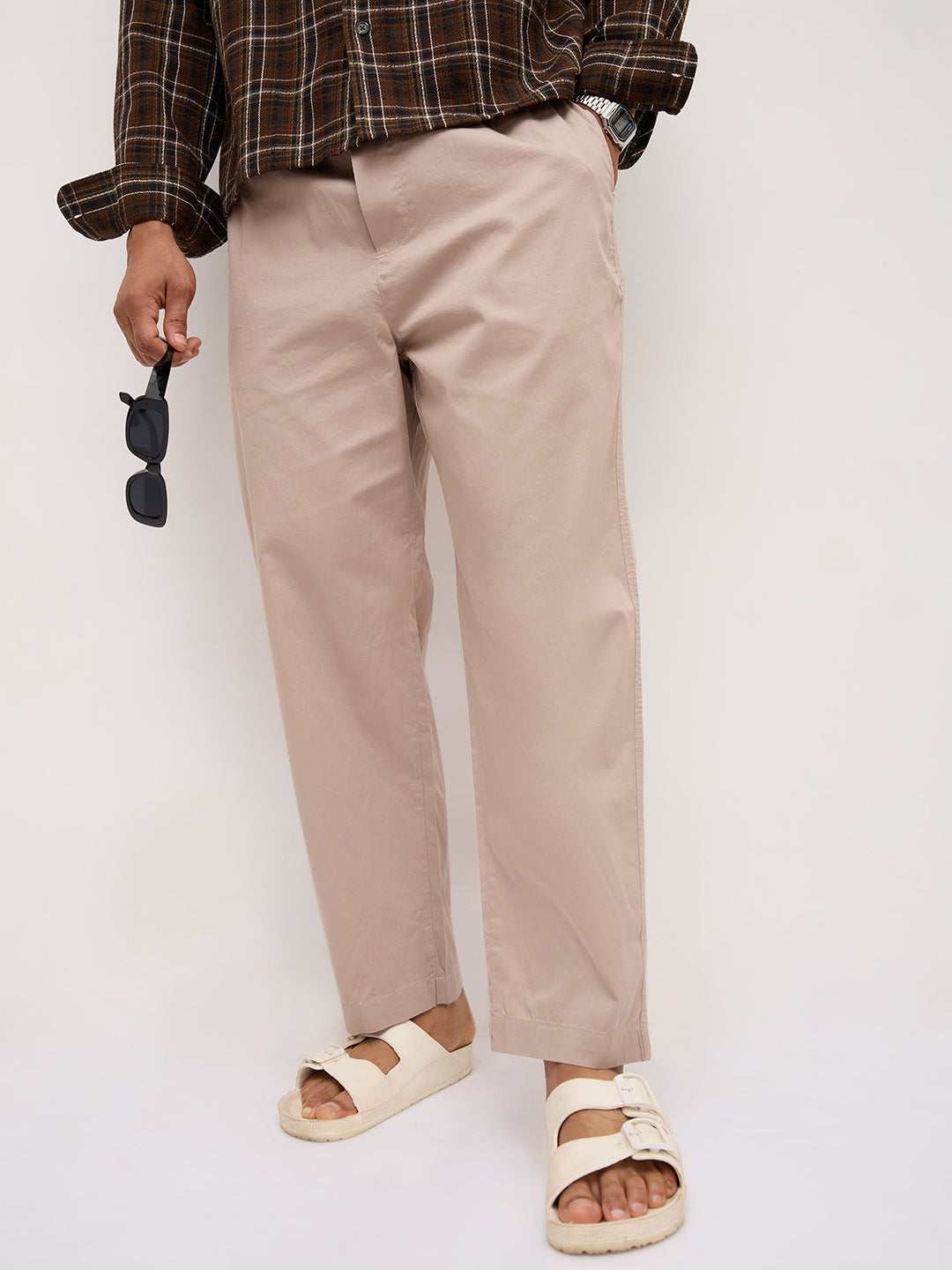Solid Sand Beige Tapered Trousers
