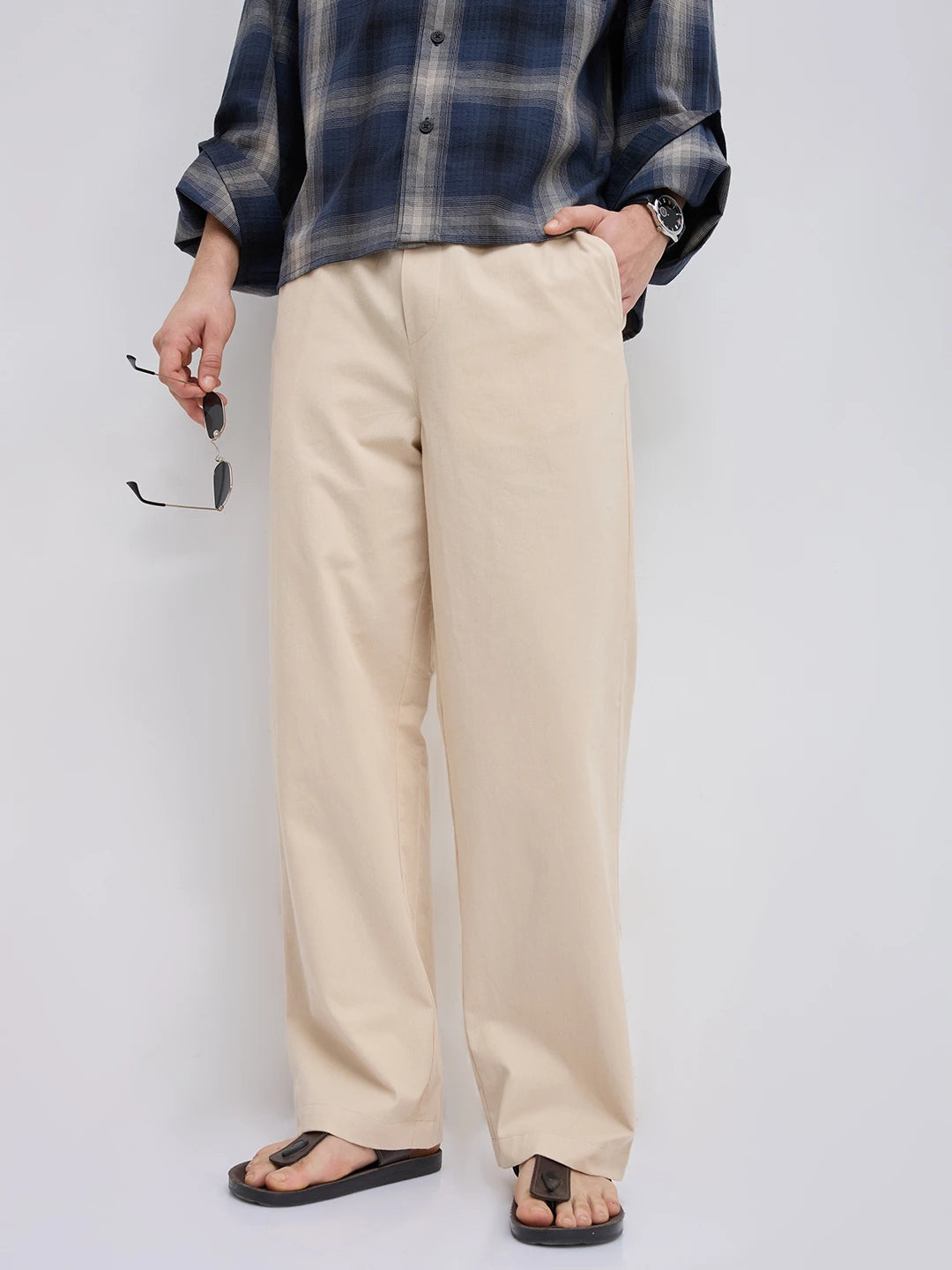 Solid Beige Cord Straight Fit Trousers