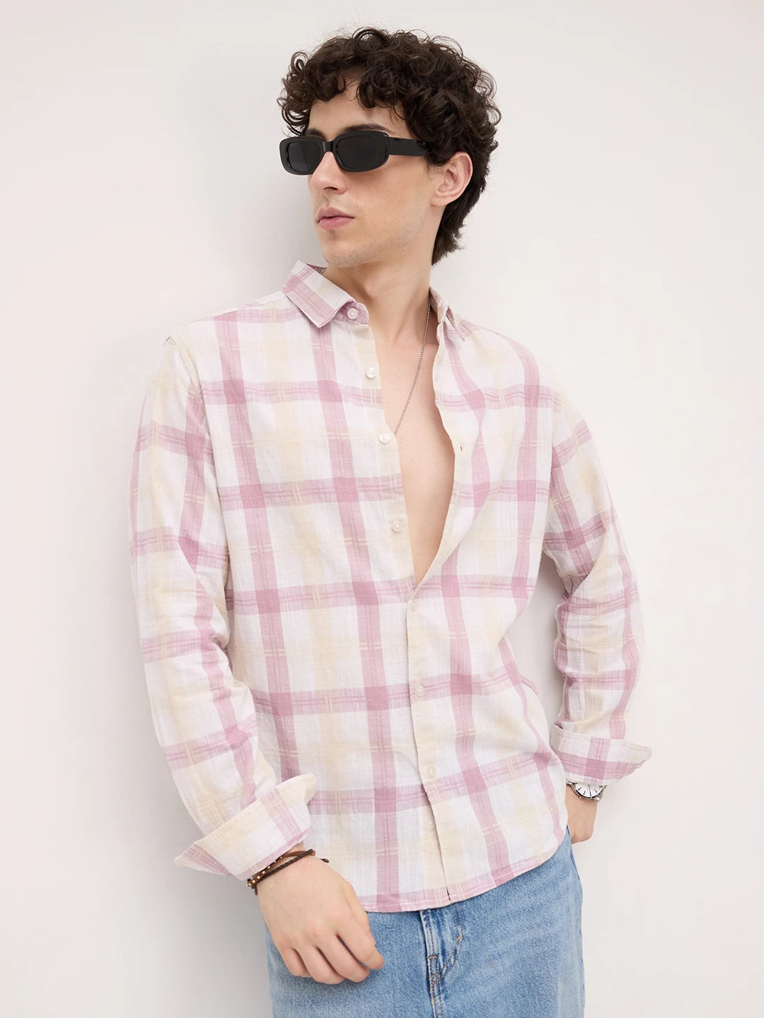 Soft Pink Fine Weave Plaid Checks Shirt