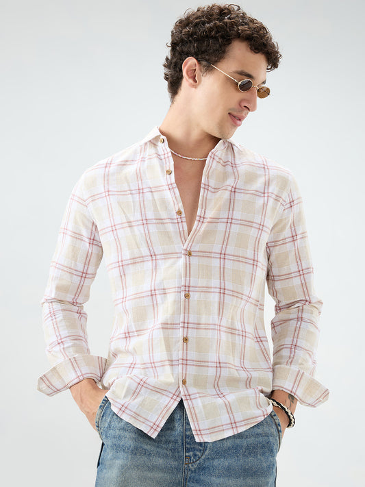 Sand Beige Windowpane Checks Linen Blend Shirt