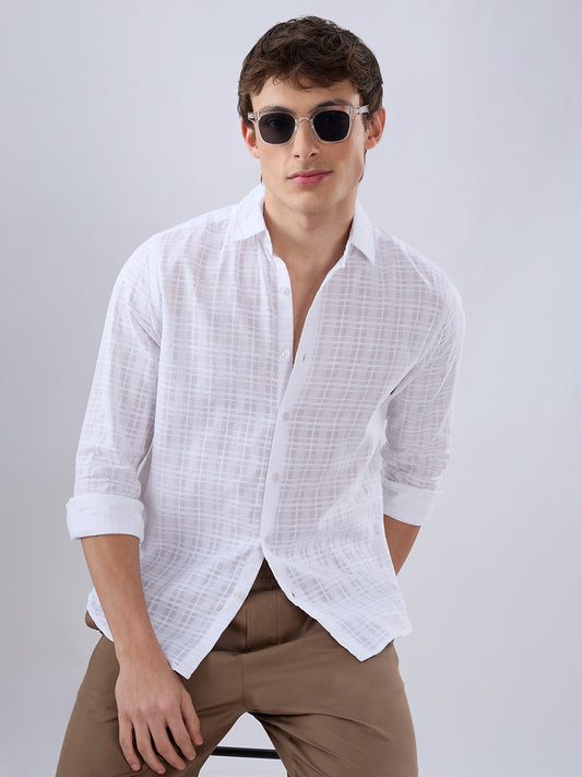 Pearl White Textured Sheer Checks Shirt