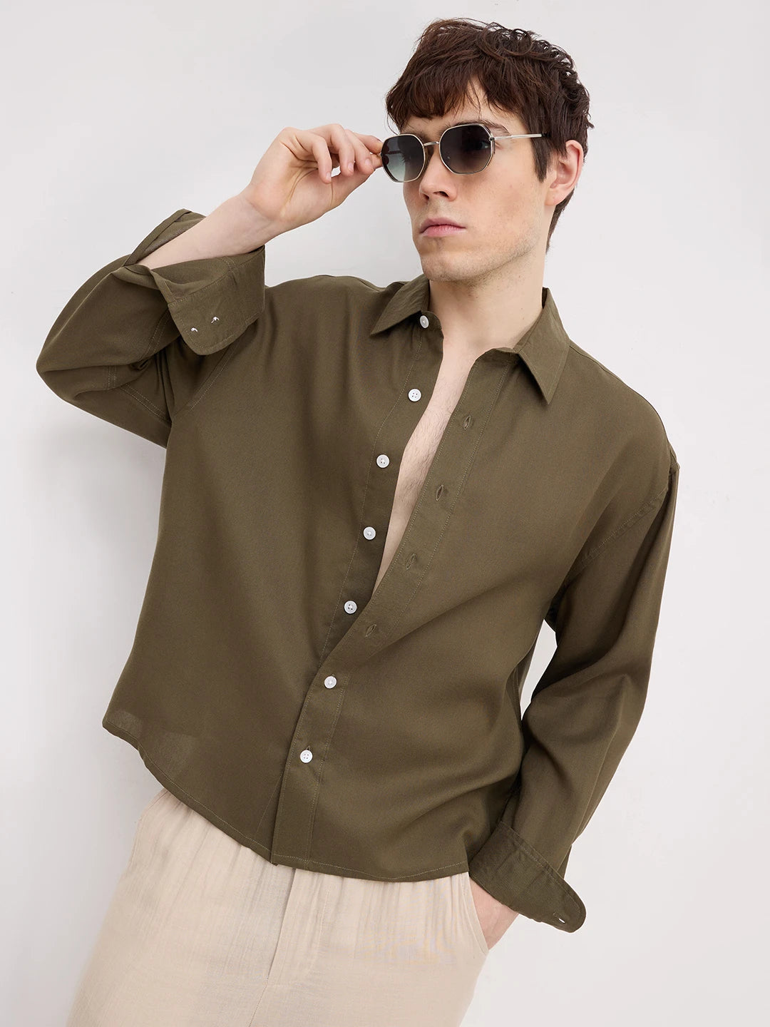 Deep Olive Boxy Fit Crop Shirt