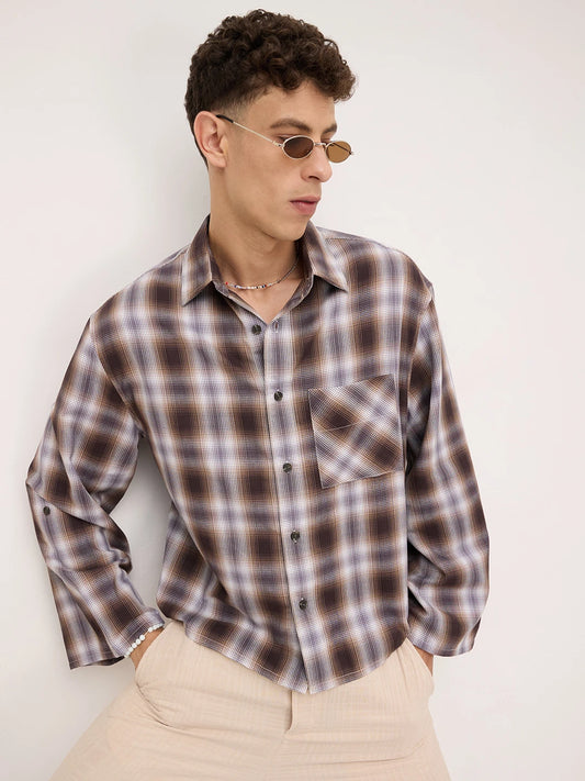 Luxe Brown Plaid Checks Cuffless Oversized Crop Shirt
