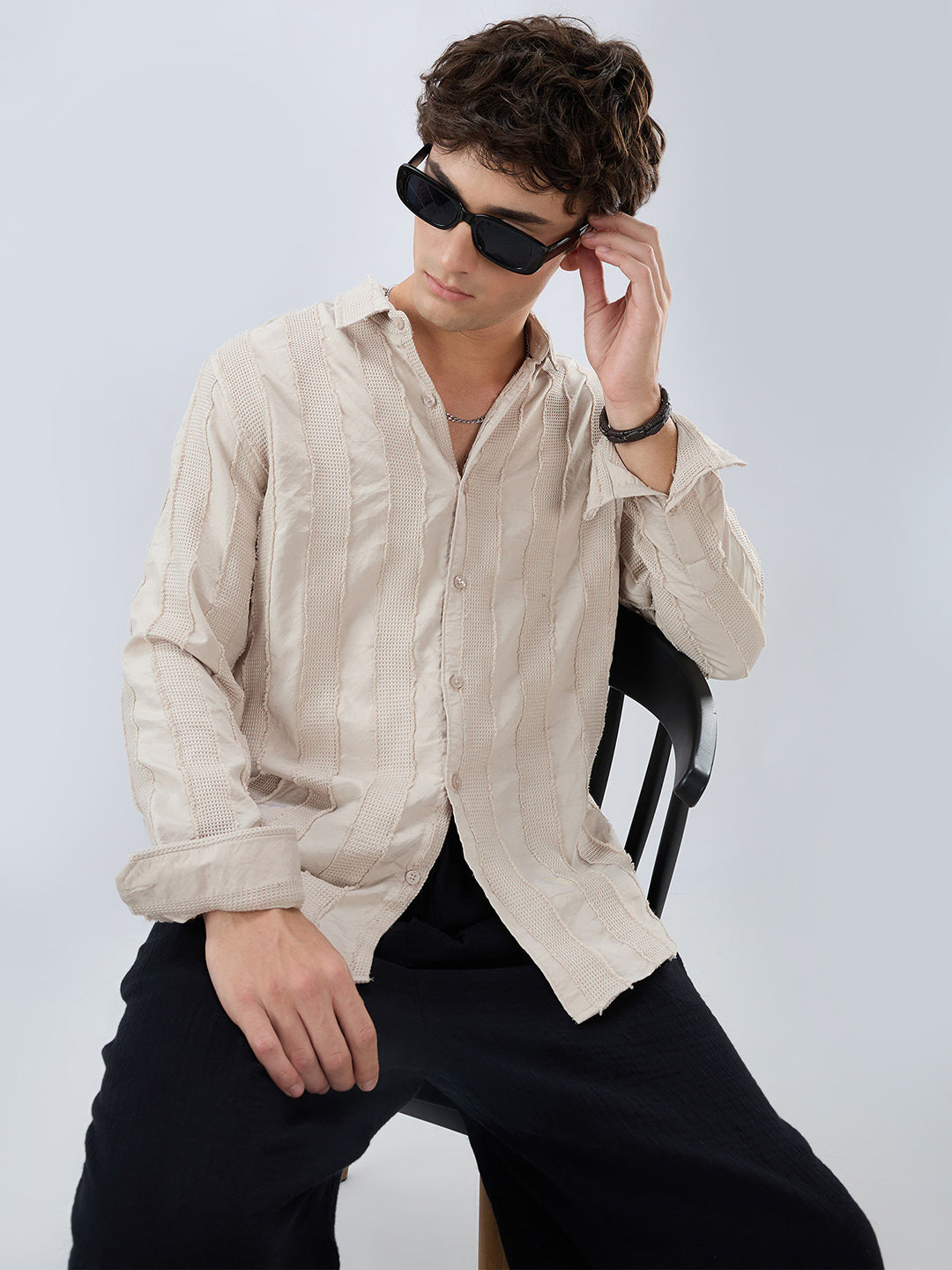 Bisque Beige Frayed Panelled Waffle Textured Shirt