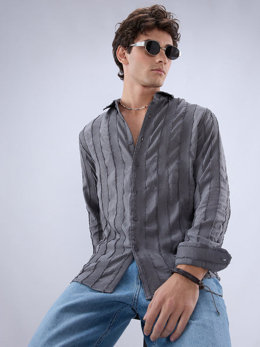 Grey Frayed Panelled Waffle Textured Shirt