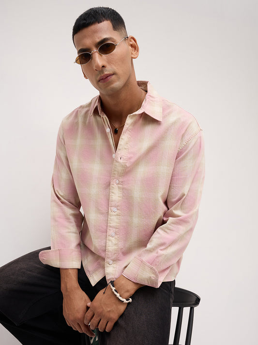 Blush Pink Block Checks Boxy Fit Crop Shirt