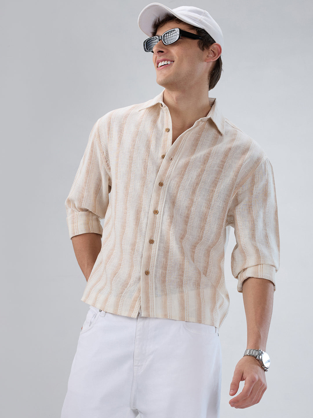 Ivory & Beige Burlap Striped Shirt