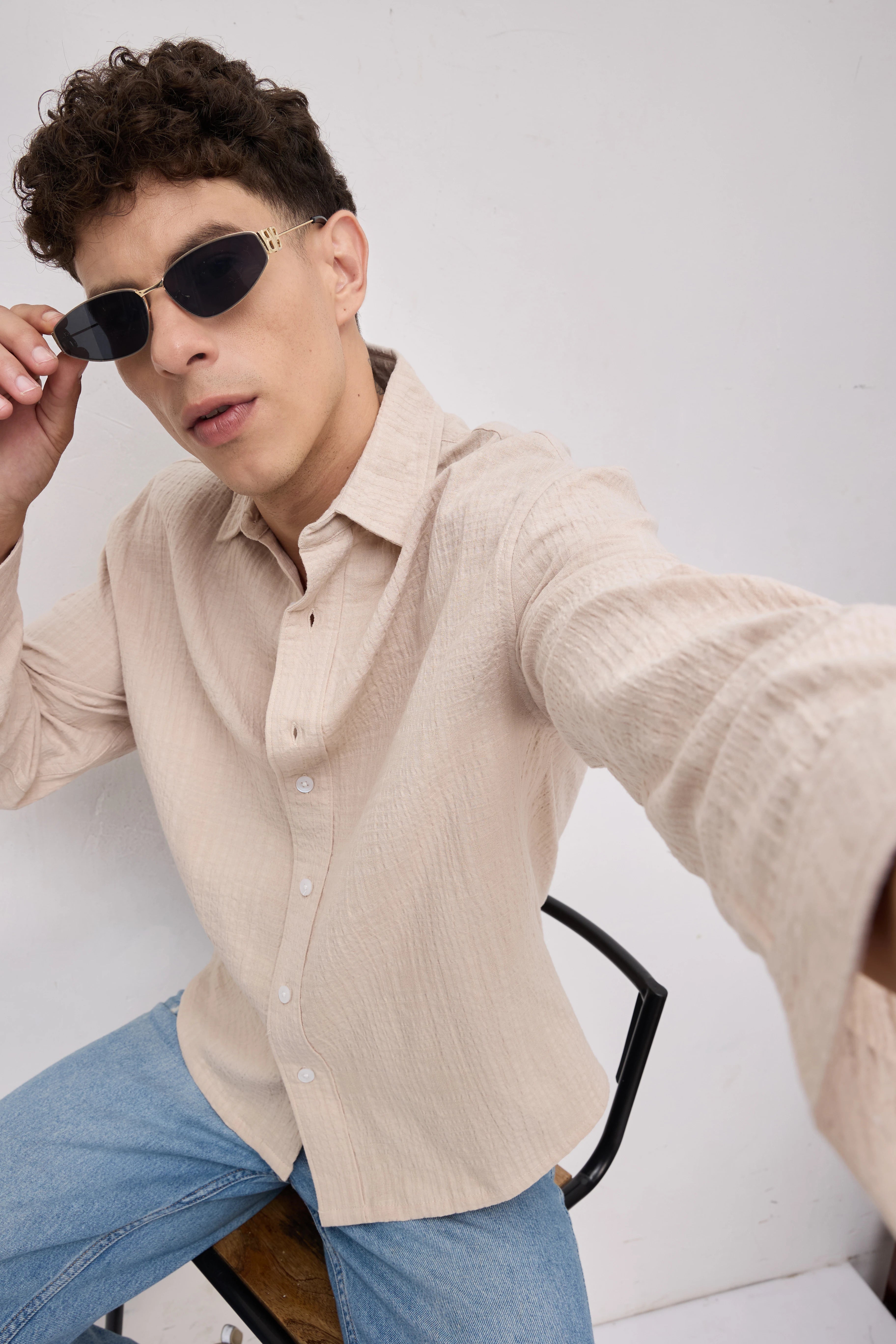 Beige Double Cloth Gauze Textured Boxy Fit Crop Shirt