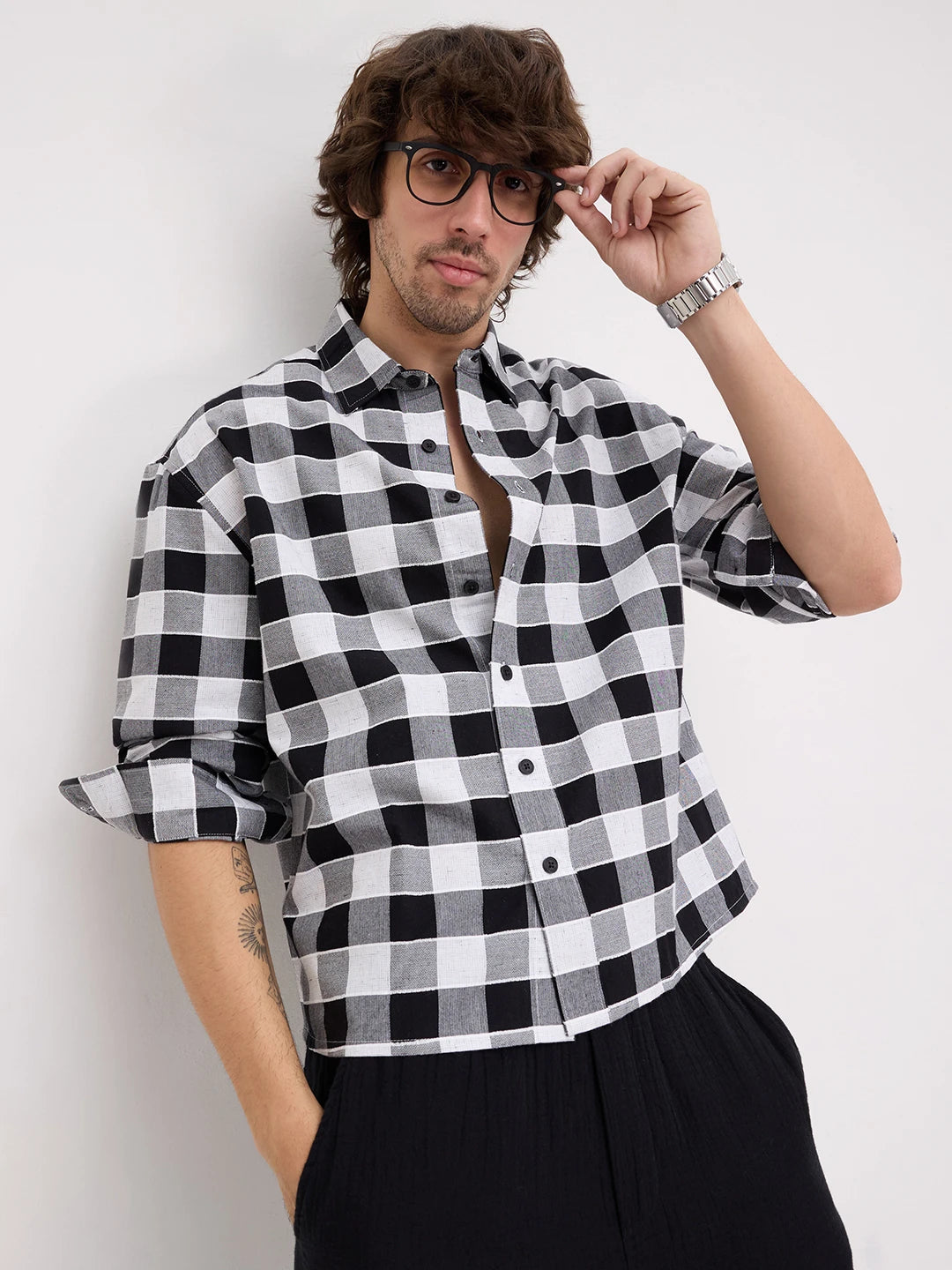 Black & White Ghingham Checks Boxy Fit Crop Shirt