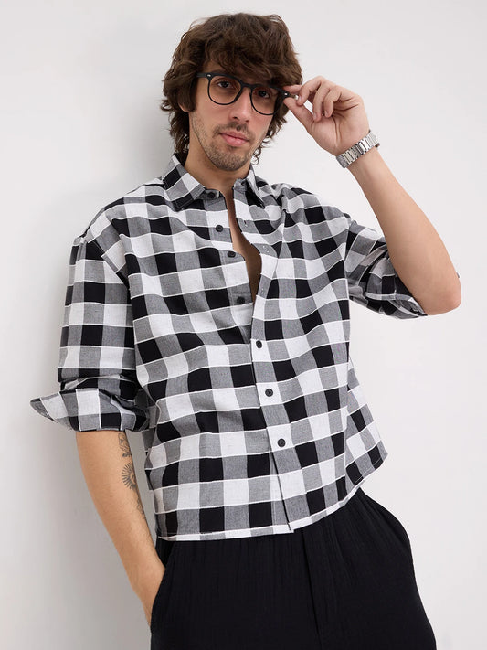 Black & White Ghingham Checks Boxy Fit Crop Shirt