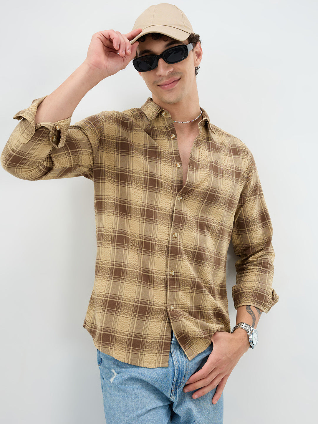 Brown Seersucker Checkered Shirt