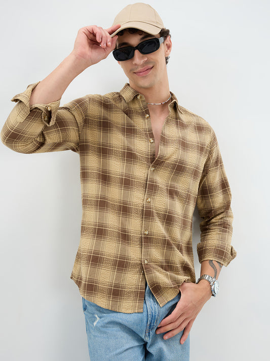 Brown Seersucker Checkered Shirt
