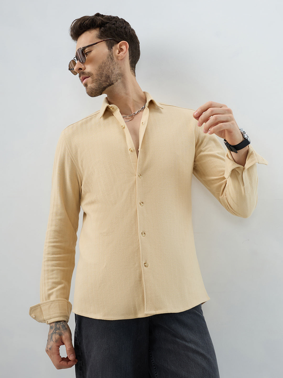 Soft Beige Herringbone Knit Shirt