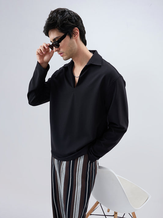 Timeless Black Oversized Polo Tencel Knit Shirt