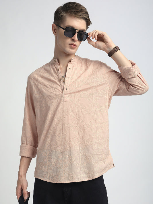 Pastel Peach Blossom Embroidery Kurta