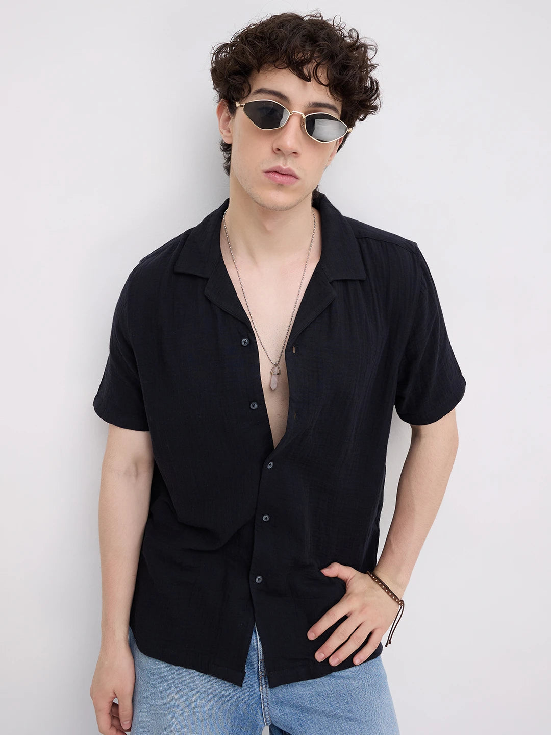 Black Double Cloth Notch Collar Oversized Shirt