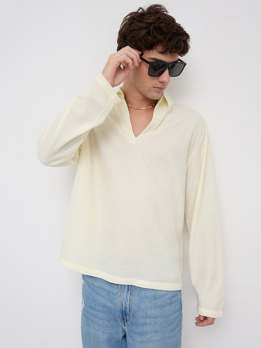 Butter Yellow Micro Weave Knitted Oversized Polo Shirt