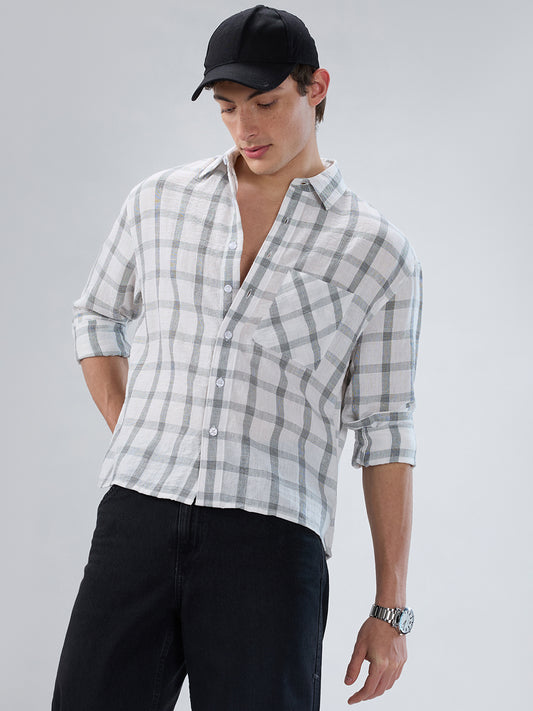 White & Olive Tartan Checkered Boxy Fit Crop Shirt