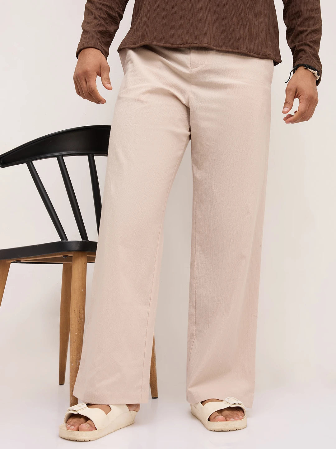 Sand Beige Fine Textured Wide Leg Trousers