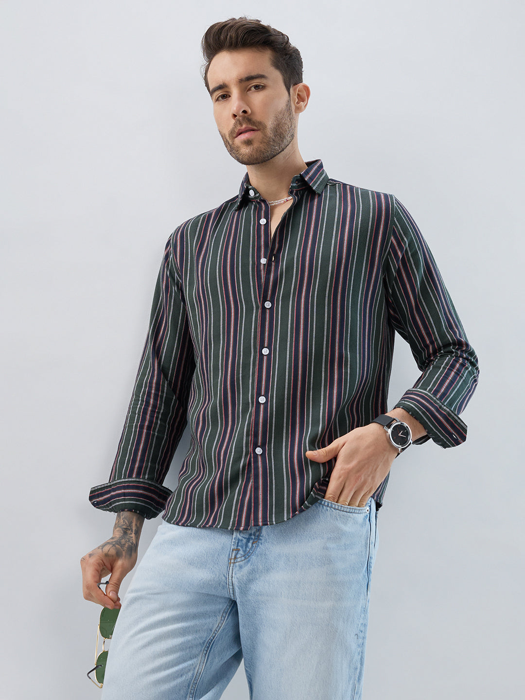 Premium Cotton Olive & Navy Balanced Striped Shirt