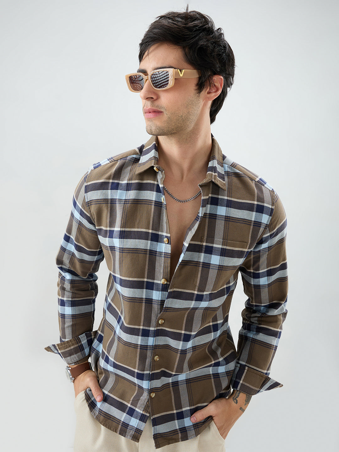 Brown & Navy Tartanique Checked Shirt
