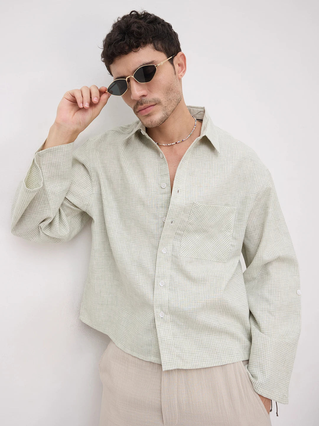 Pistachio Green Openweave Micro Checks Cuffless Oversized Crop Shirt