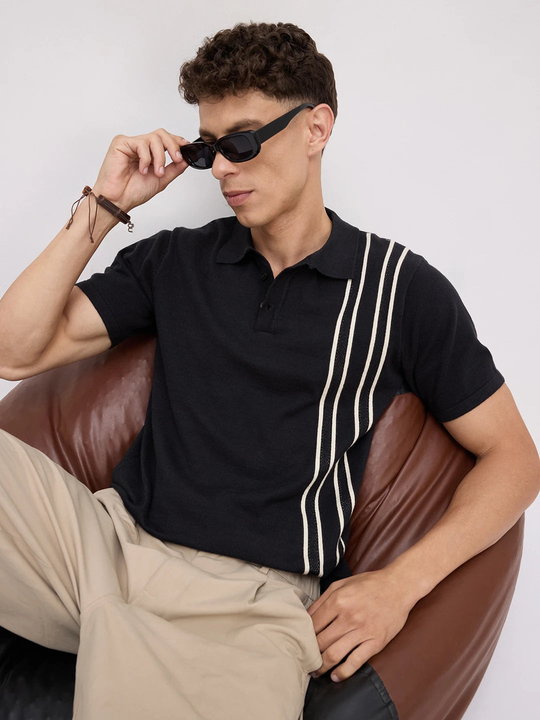Black Contrast Vertical Striped Flat Knit Polo T-Shirt