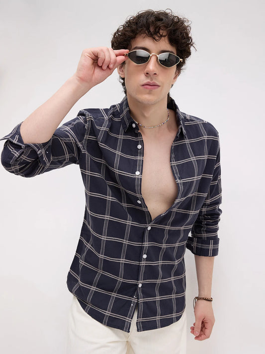 Navy Dimensional Contrast Windowpane Checks Shirt