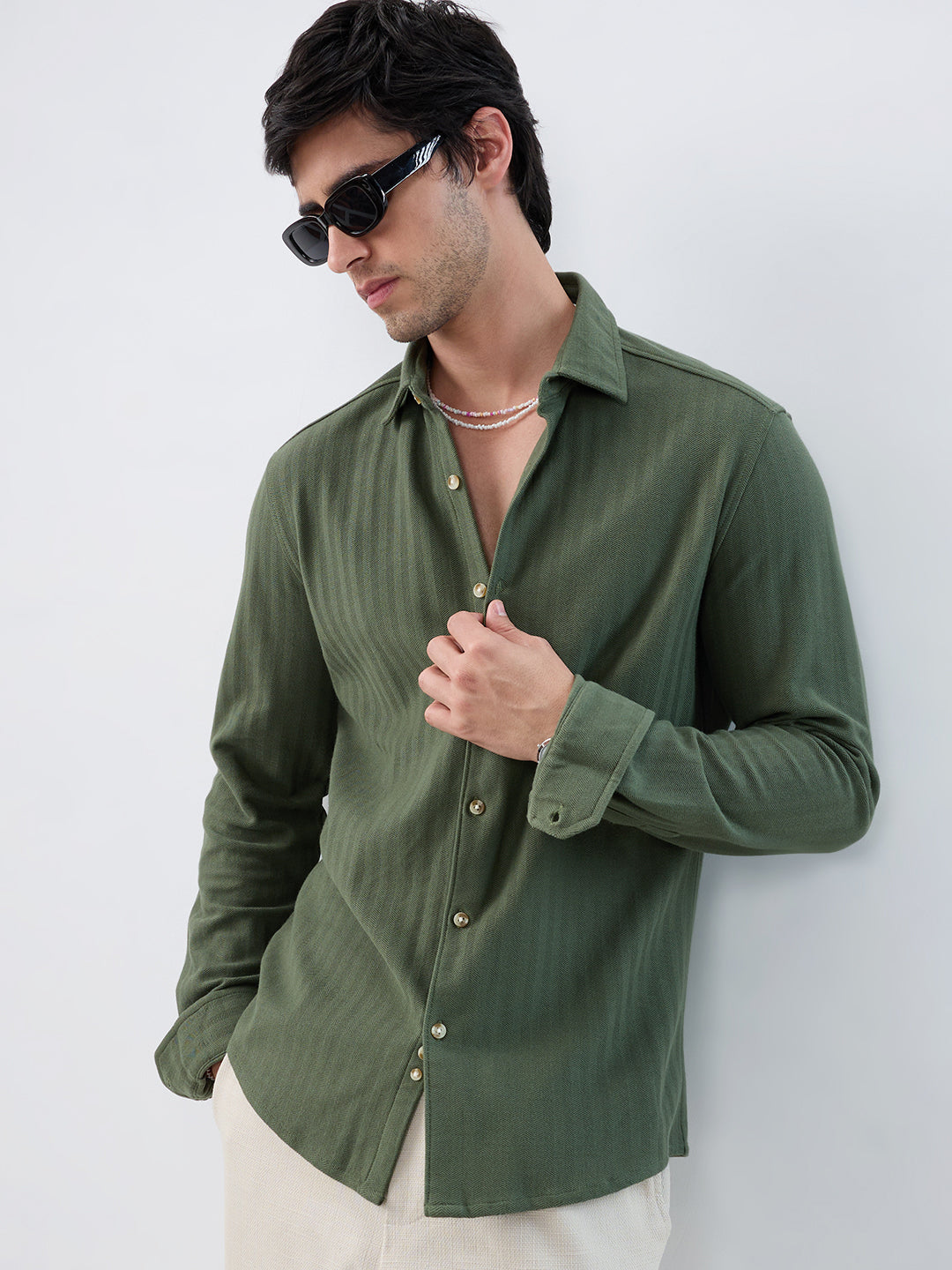 Olive Herringbone Textured Knitted Shirt