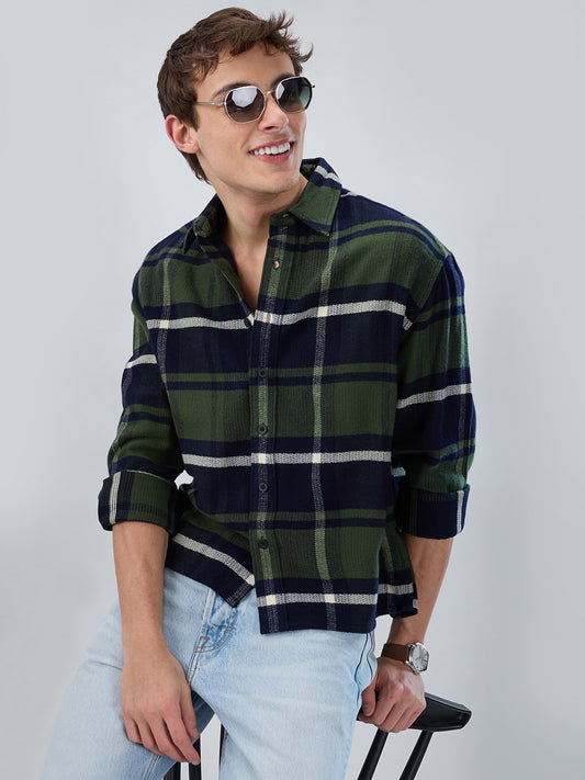 Olive & Navy Checked Boxy Fit Crop Flannel Shirt
