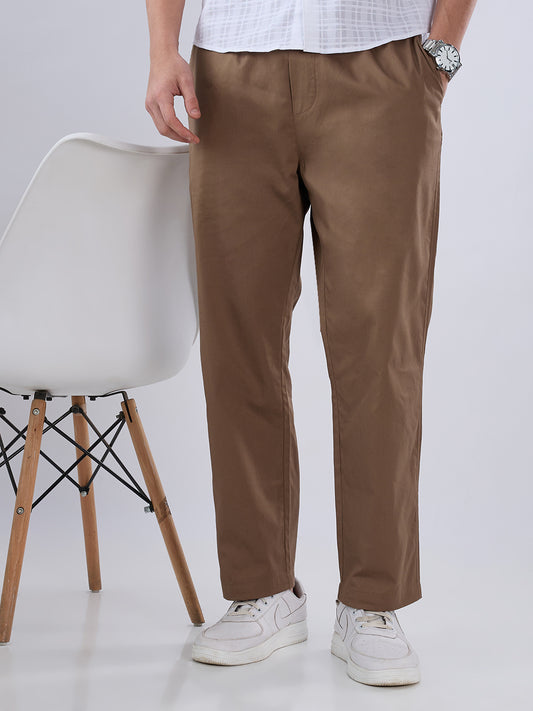Solid Brown Tapered Trousers