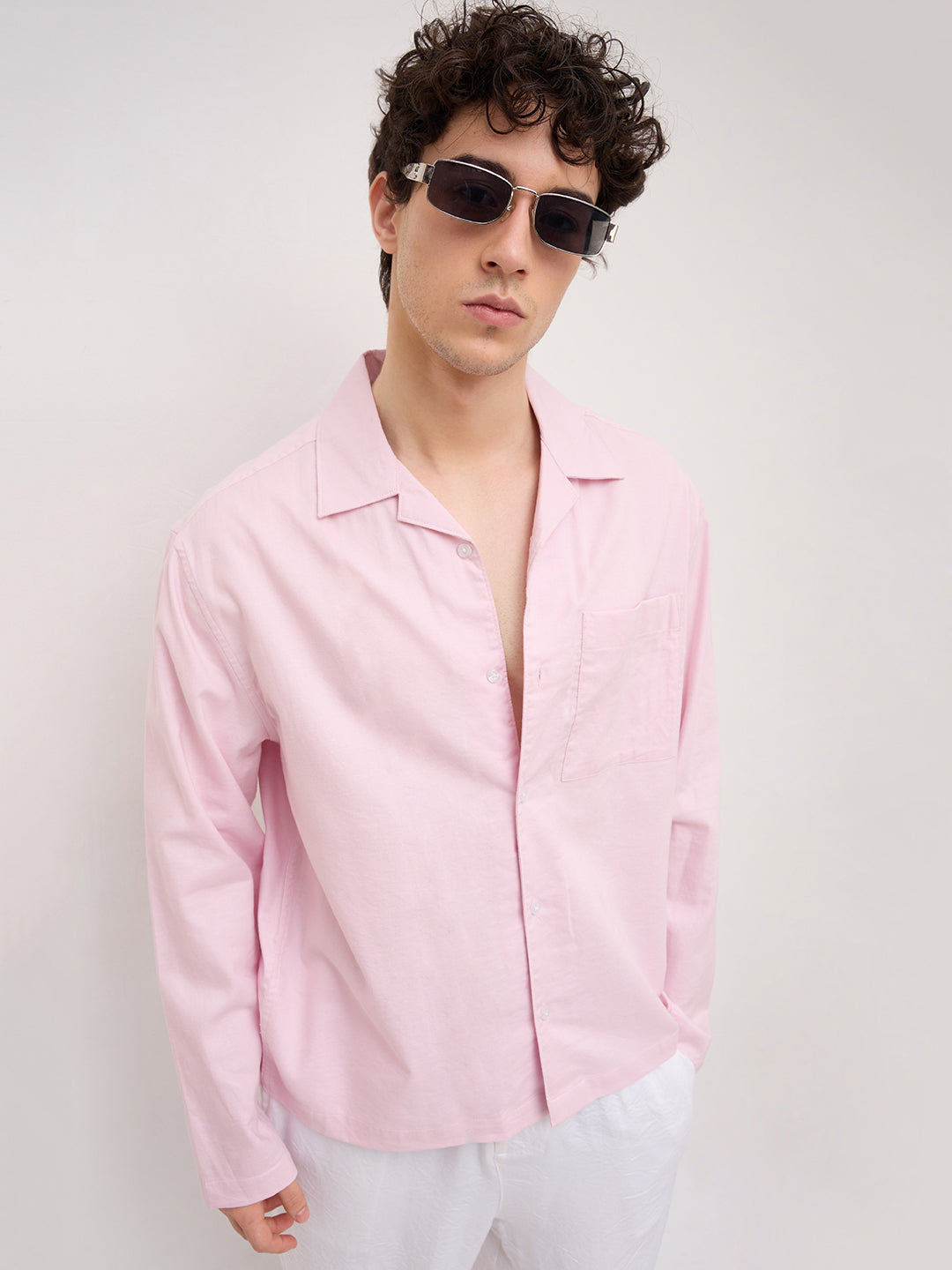 Soft Pink Linen Blend Notch Collar Oversized Shirt