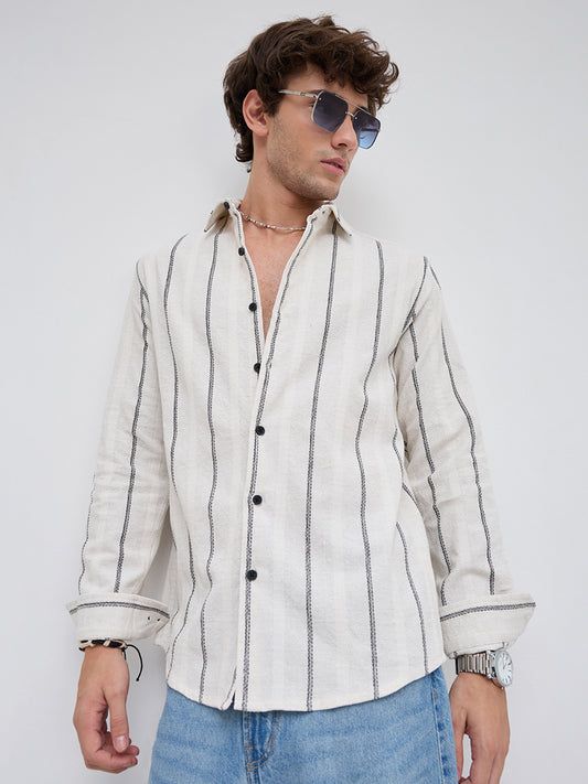 Ivory & Black Embroidered Striped Shirt