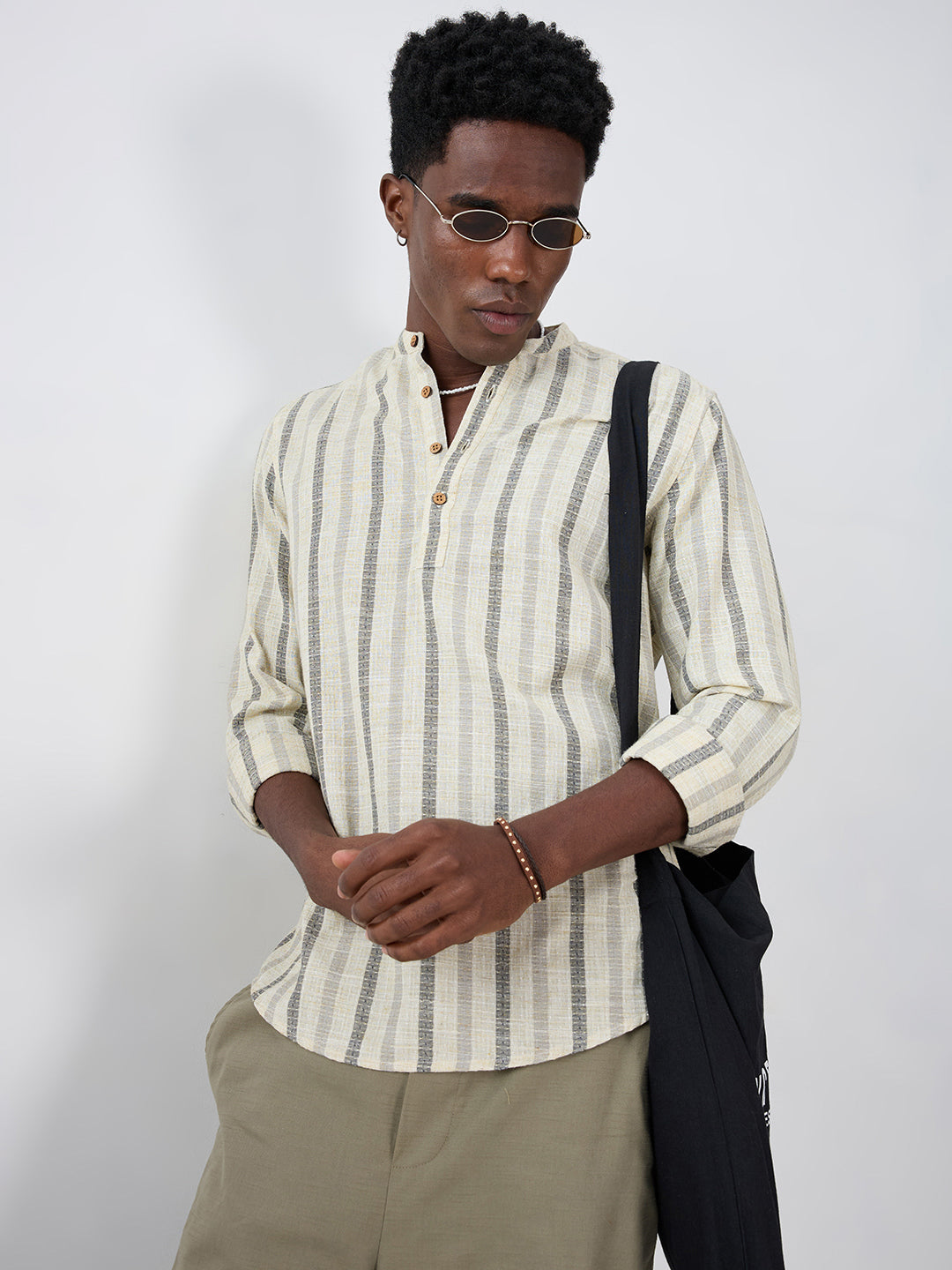 Natural Ivory Grey Loom Striped Kurta