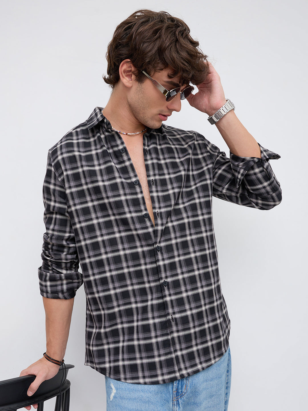Black & Grey Tartan Checked Relaxed Shirt