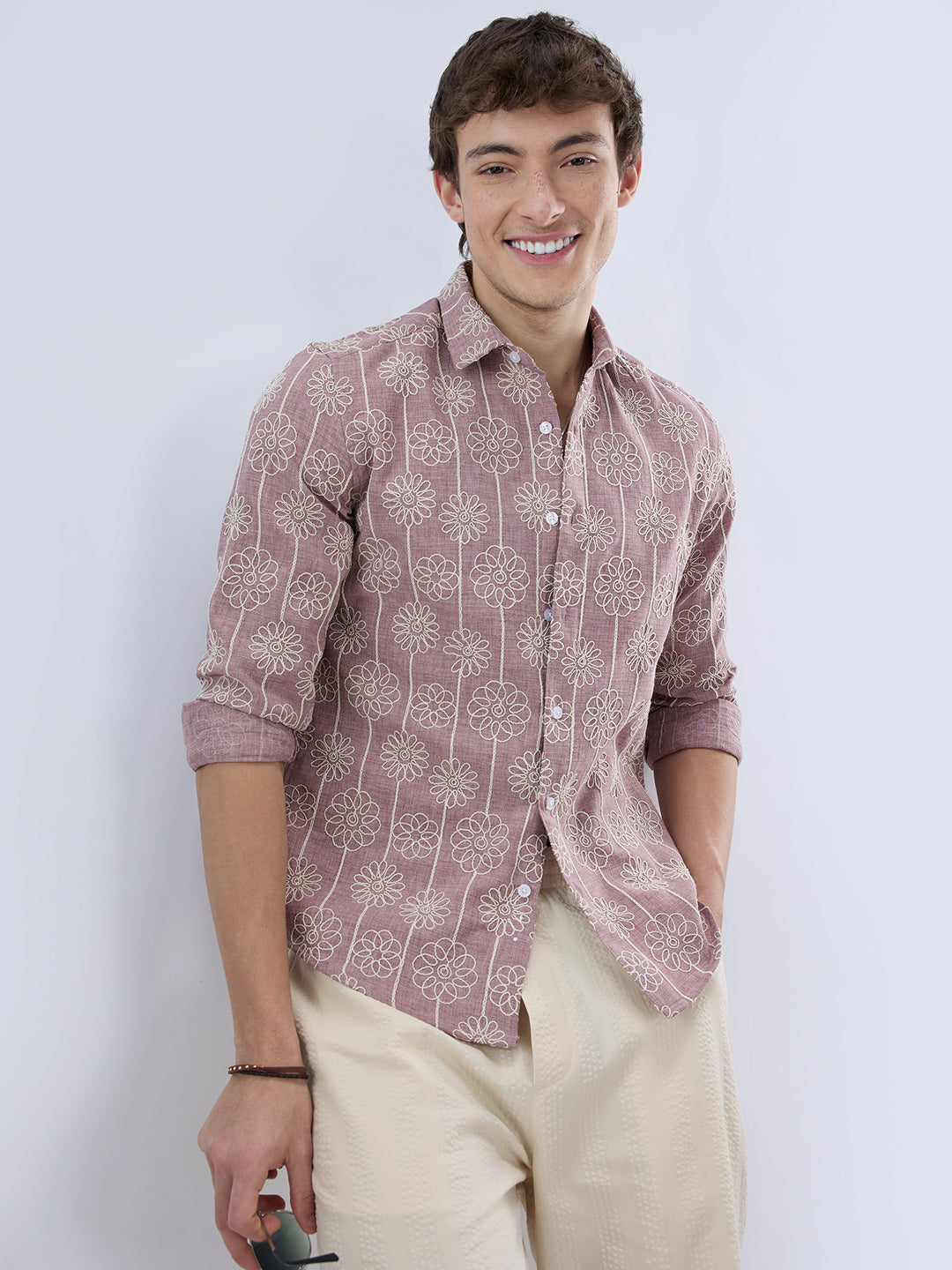 Rouge Pink Floral Embroidered Slub Shirt