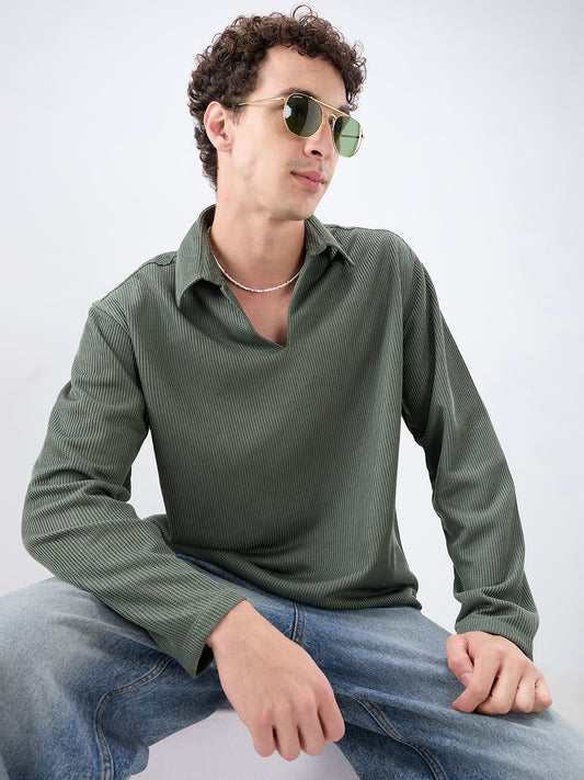 Refined Olive Textured Knitted  Oversized Polo Shirt