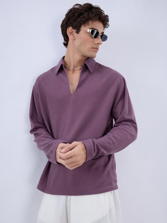 Dusty Purple Micro Weave Knitted Oversized Polo Shirt
